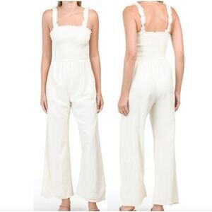 Jessica Simpson Linen Jumpsuit Small Ivory Cottage Wide Leg Smocked Boho Peasant